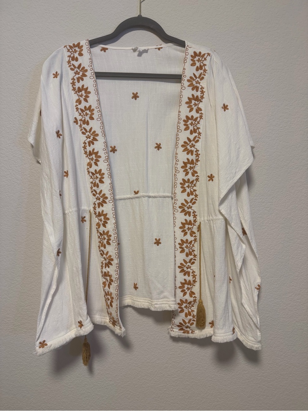 White Embroidered Open-Front Tunic with Camel Floral Detail